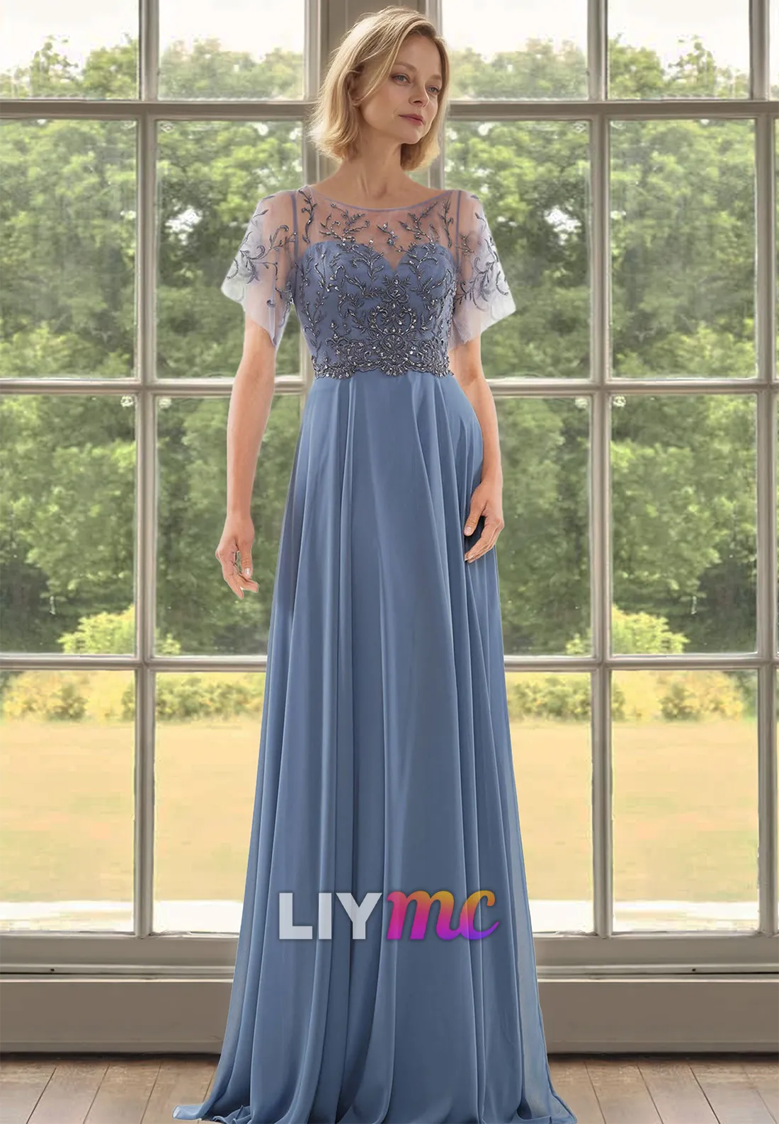 Scoop Short Sleeeves Appliques Chiffon A-Line Mother of Bride Dress
